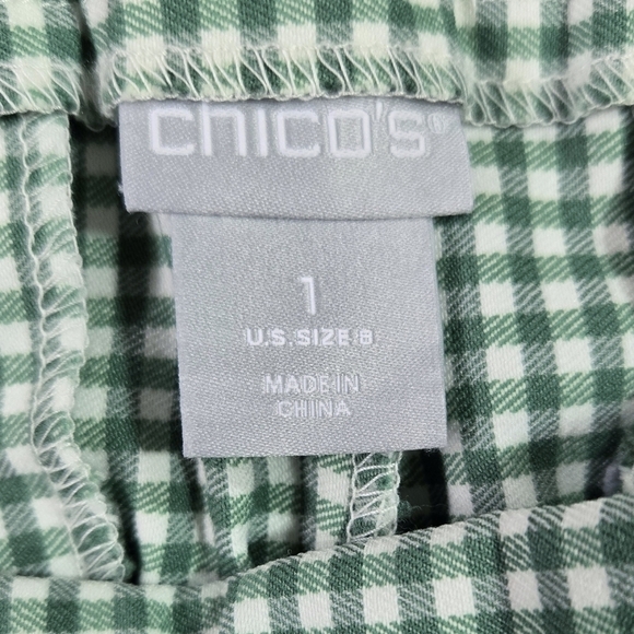 Chico's Brigitte Green White Gingham Pull On High Vent Crop Pants Pockets - Picture 10 of 12
